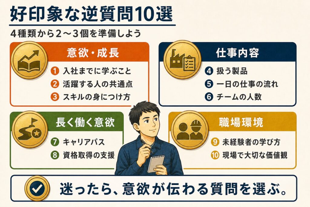 工場・製造業の面接で好印象を与える逆質問10選を、意欲・成長、仕事内容、長く働く意欲、職場環境の4種類に分類した図解。