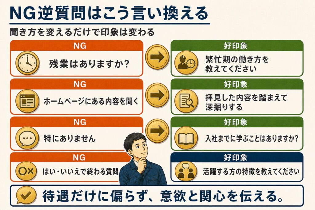 残業、企業研究、特にありません、はい・いいえで終わる質問という4つのNG逆質問を、好印象な聞き方へ言い換えた図解。