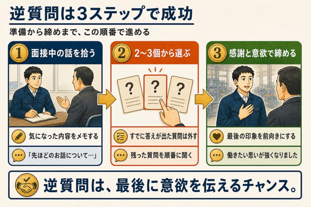 面接中の話をメモし、準備した2〜3個から質問を選び、最後に感謝と入社意欲を伝える逆質問の3ステップ。