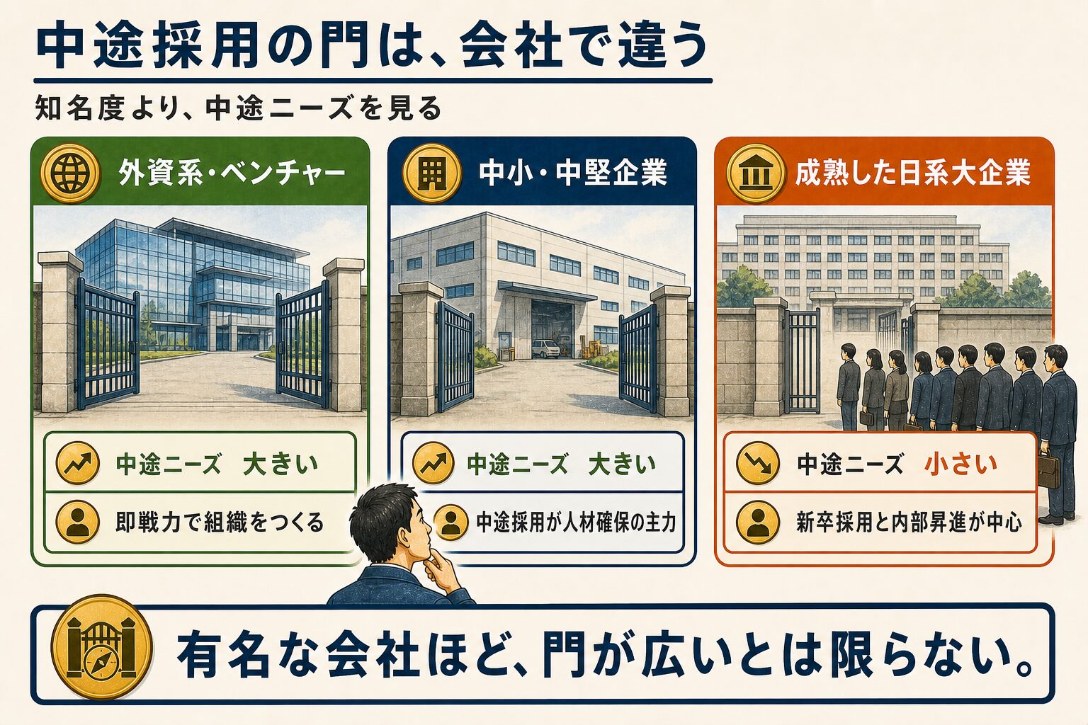 外資系・ベンチャー、中小・中堅企業、成熟した日系大企業について、中途採用ニーズと採用の門の広さを比較した図解。