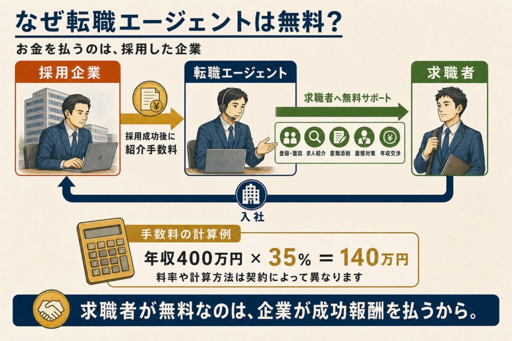 採用企業が転職エージェントへ成功報酬を払い、求職者が求人紹介や書類添削などの支援を無料で受ける仕組みと、年収400万円・料率35%の場合の計算例。
