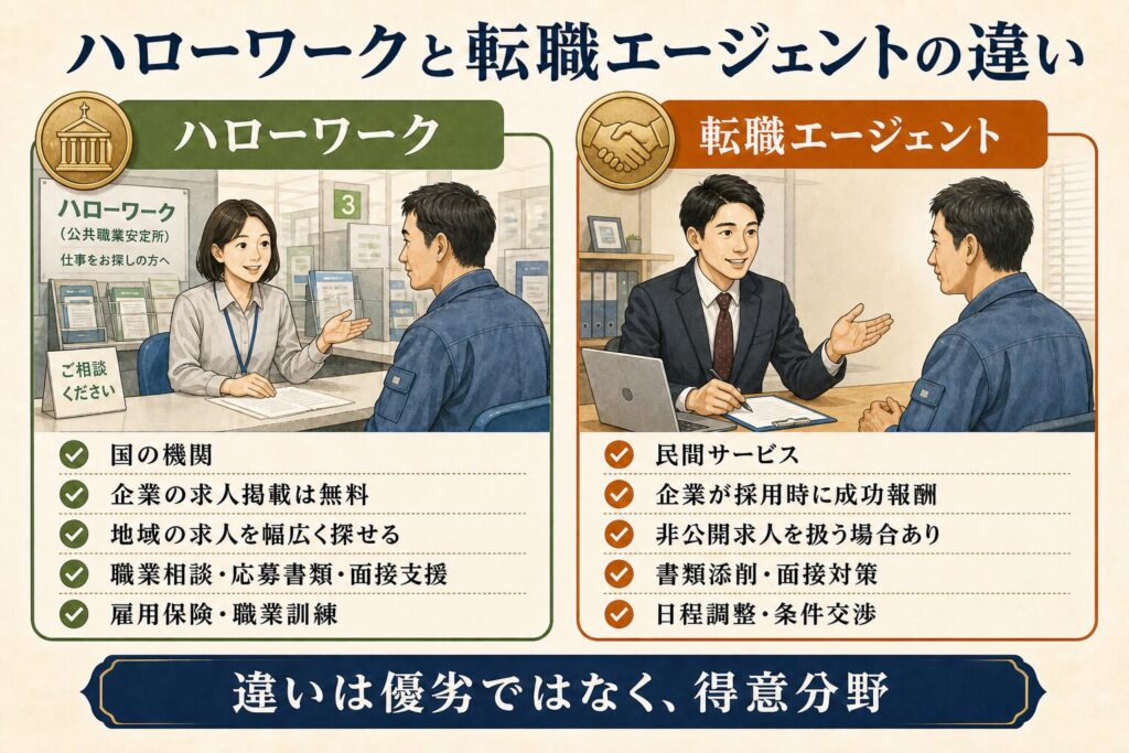 「ハローワークと転職エージェントについて、運営主体、企業側の費用、求人、就職支援、手続きの違いを左右で比較した図解」