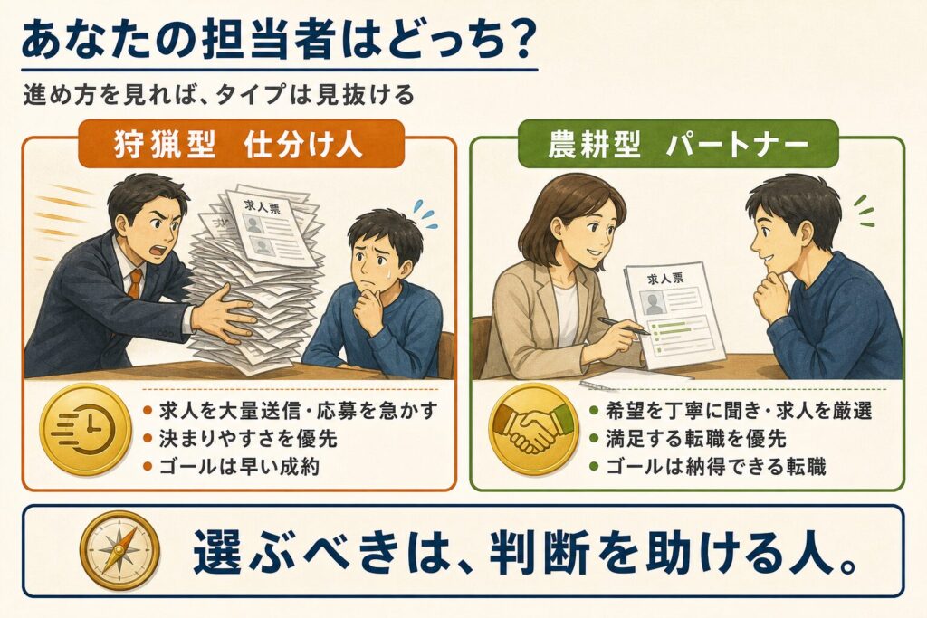 転職エージェント担当者の狩猟型と農耕型を比較。狩猟型は求人の大量送信と早い成約を、農耕型は丁寧な聞き取りと納得できる転職を優先する。