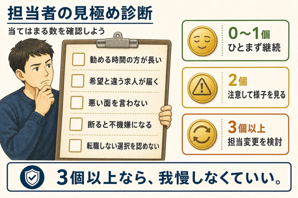 転職エージェント担当者を見極める5項目のチェックリスト。3個以上当てはまる場合は担当変更を検討する。