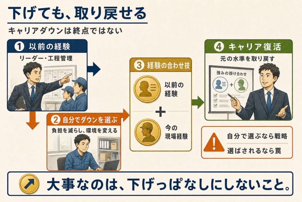 過去のリーダー経験と現在の現場経験を組み合わせ、キャリアダウンから元の条件へ復活する流れを示した図解。