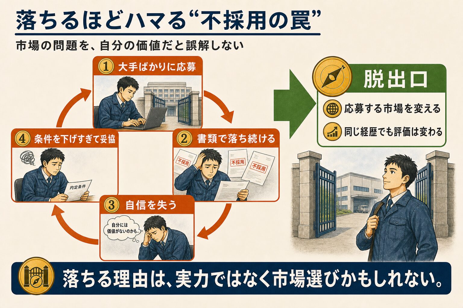 大手ばかりに応募して書類で落ち、自信を失って条件を下げすぎる不採用の悪循環と、応募市場を変える脱出方法を示した図解。