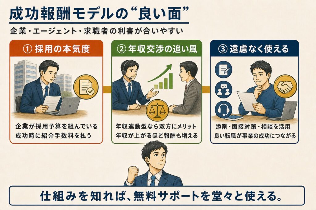 成功報酬モデルによって、採用予算のある求人が集まりやすく、年収連動型では年収交渉の利害が合い、求職者が無料支援を活用できることを示した図解。