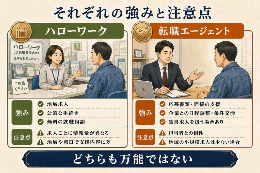 「ハローワークは地域求人や公的手続き、転職エージェントは応募支援や企業との調整が強みであることと、それぞれの注意点をまとめた図解」