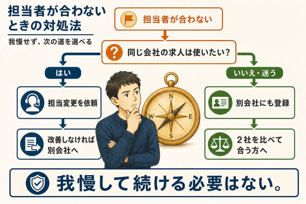 転職エージェントの担当者が合わないときの対処法。同じ会社の求人を使いたい場合は担当変更、迷う場合は別会社にも登録して比較する。