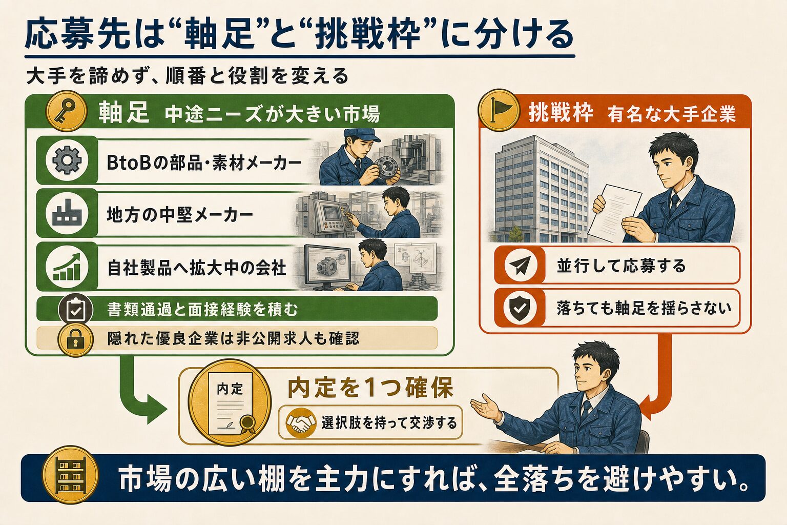 中途採用ニーズが大きい中堅メーカーを応募の軸足にし、有名な大手企業を挑戦枠として並行応募し、内定確保後に交渉する戦略図。
