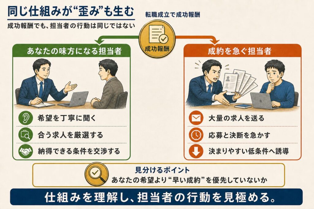 同じ成功報酬制度でも、希望を聞いて求人を厳選する担当者と、求人を大量に送り成約を急ぐ担当者に分かれることを比較した図解。