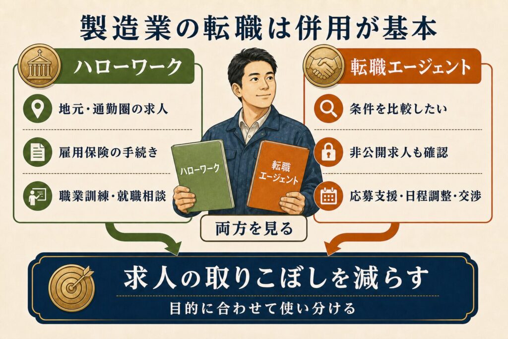 「ハローワークで地元求人や公的手続きを確認し、転職エージェントで条件比較や応募支援を受け、求人の取りこぼしを減らす併用方法の図解」
