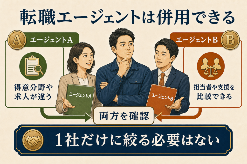 「転職エージェントAとBを併用し、求人や担当者の支援を比較する30代の製造業転職者を描いた図解」
