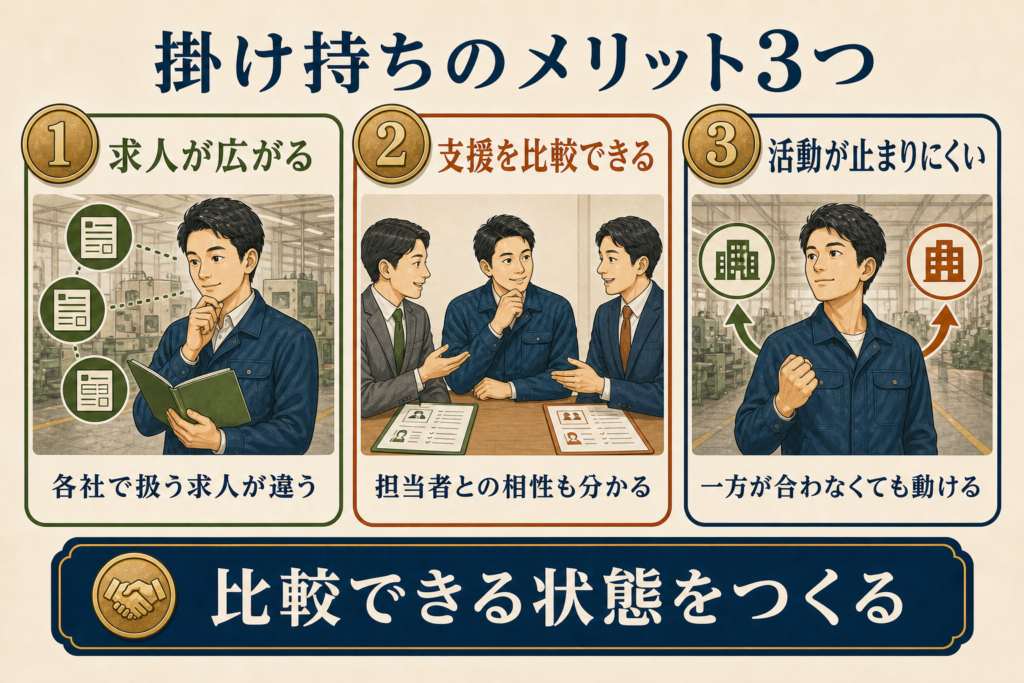 「求人が広がる、支援を比較できる、活動が止まりにくいという、転職エージェントを掛け持ちする3つのメリット」