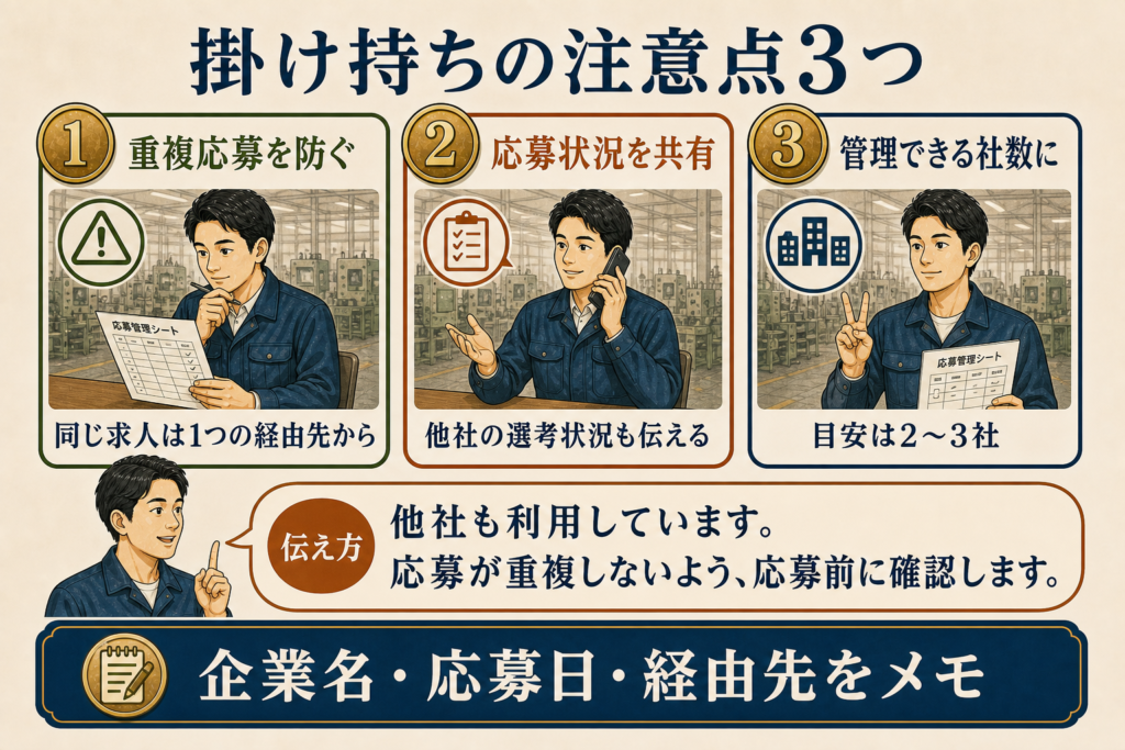 「重複応募を防ぐ、応募状況を共有する、管理できる社数に絞るという注意点と、他社利用を伝える例文をまとめた図解」