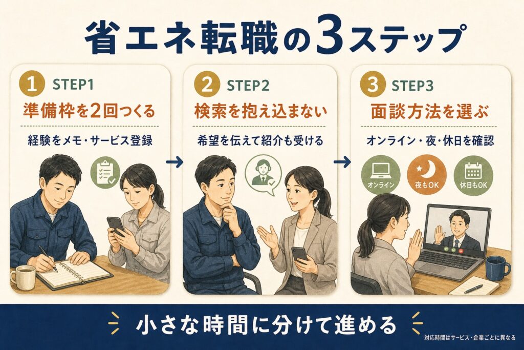 忙しい製造業・交替勤務の人向けに、準備・求人確認・面談を小さな時間に分ける省エネ転職の3ステップ